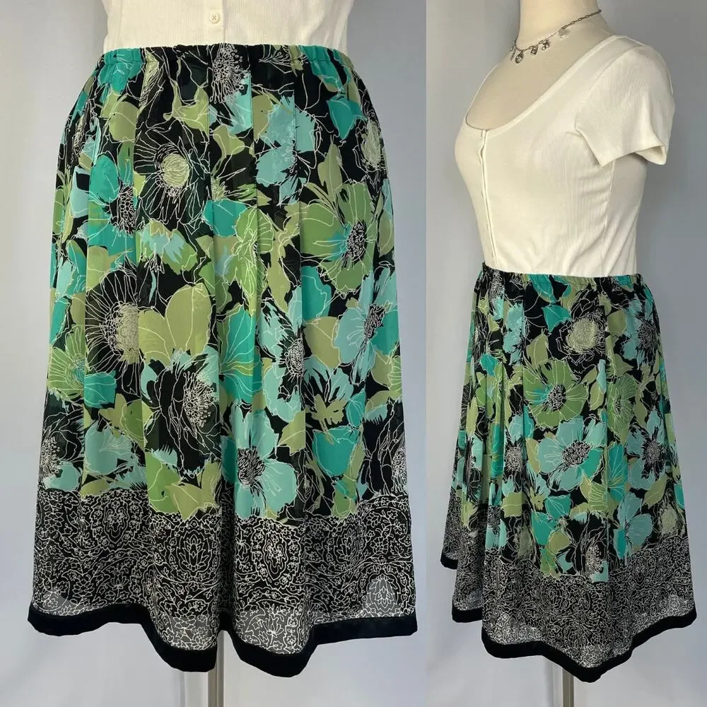 A Line Skirt Plus Size 1X Green Blue Floral Chiffon Flowy Spring Fairy Y2K